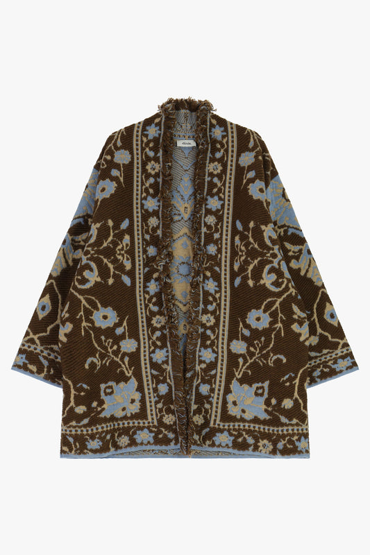Cappa jacquard con motivo floreale frange