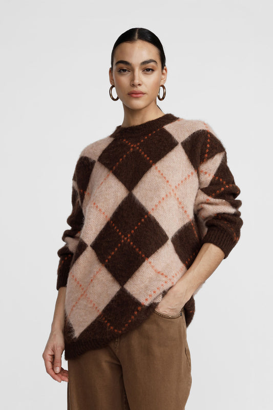 Maglione girocollo fantasia rombi vestibilità morbida