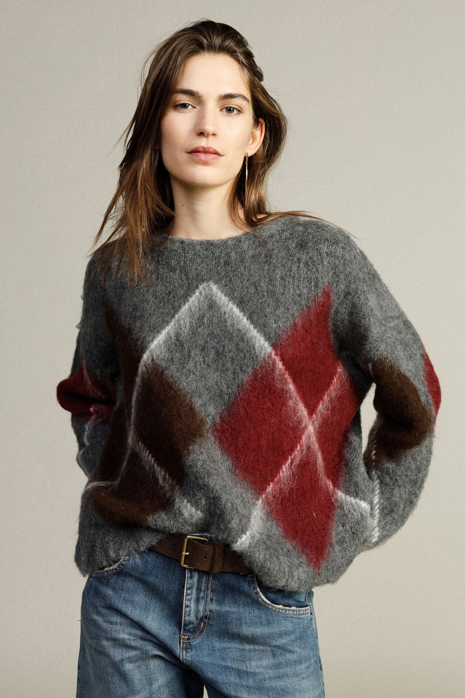 Maglione girocollo oversize fantasia rombi soffici