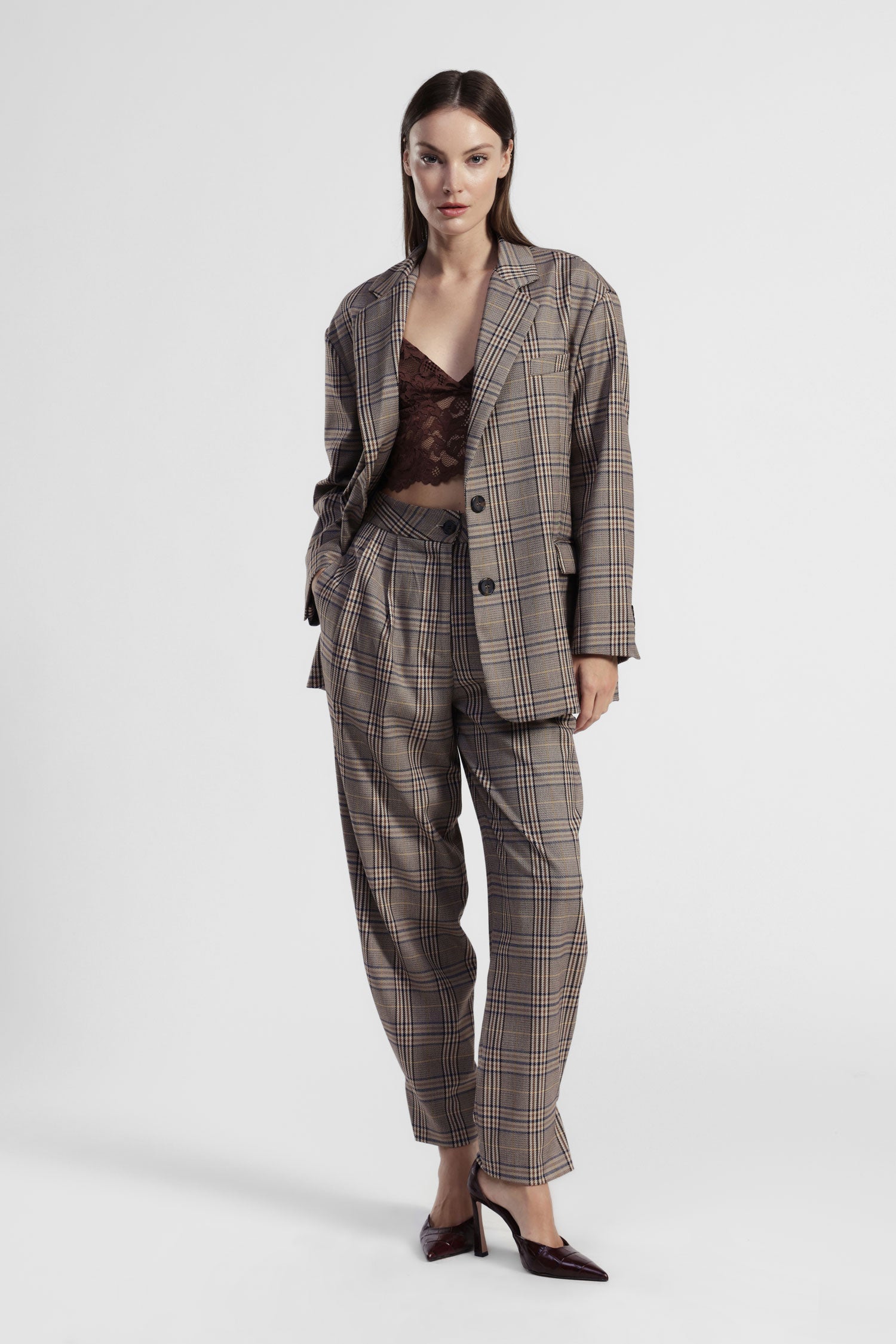 Pantaloni sartoriali stampa check a vita alta