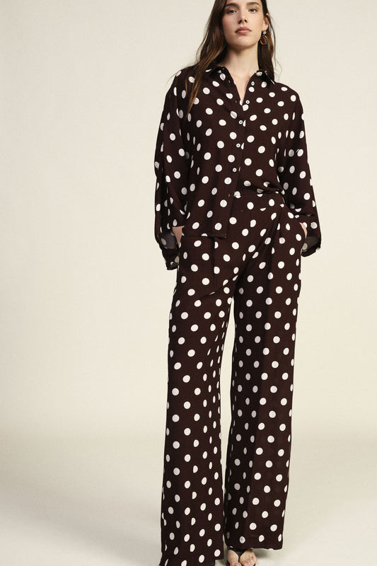 Pantaloni palazzo fantasia pois vita alta