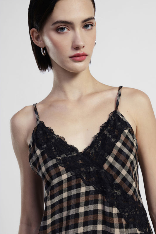 Top a quadri con spalline sottili e pizzo