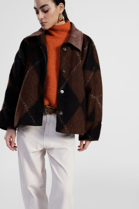 Shirt jacket stampa maxi rombi con collo a contrasto