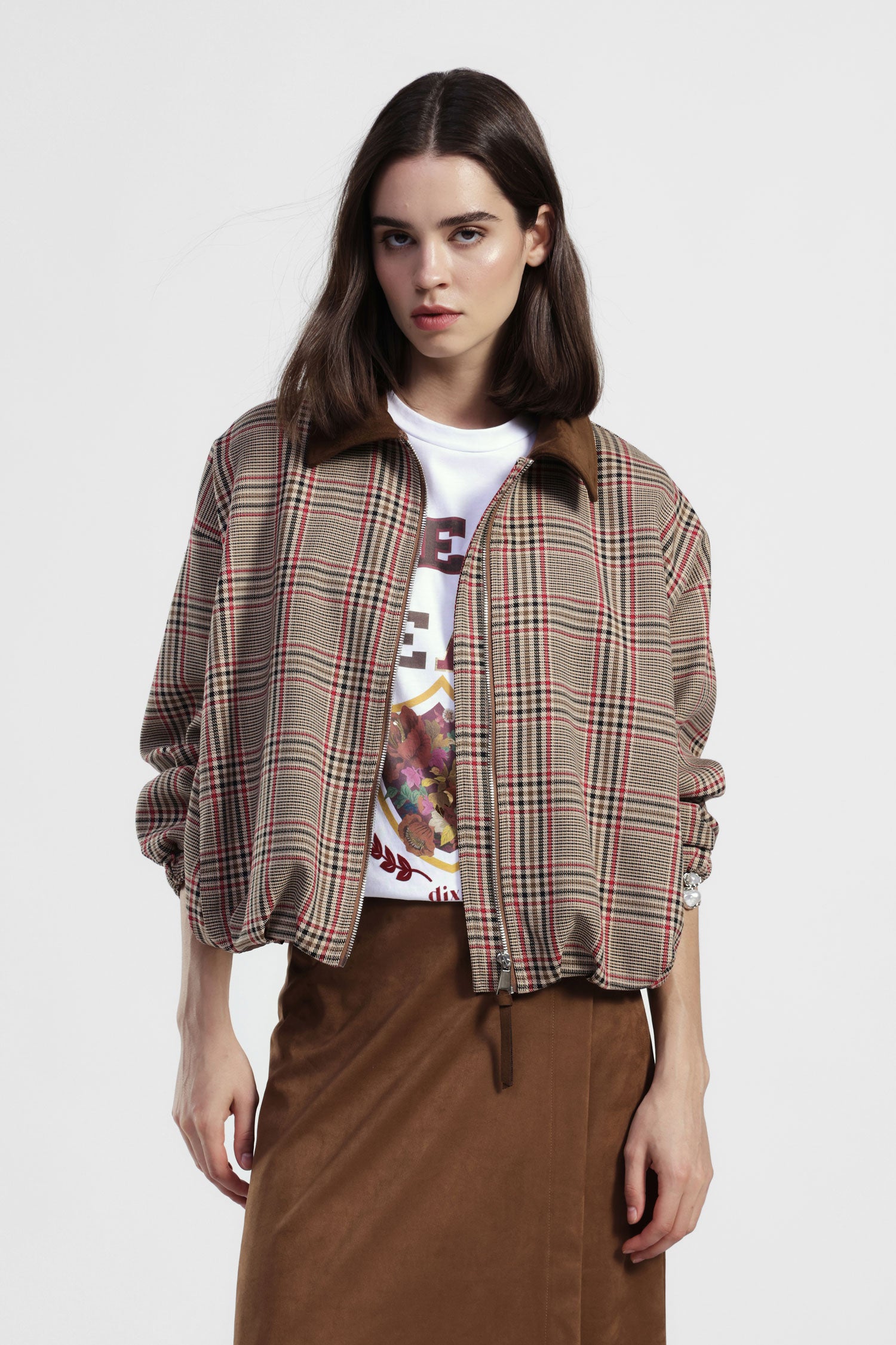 Bomber corto a quadri con colletto contrasto