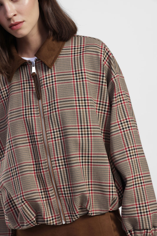 Bomber corto a quadri con colletto contrasto