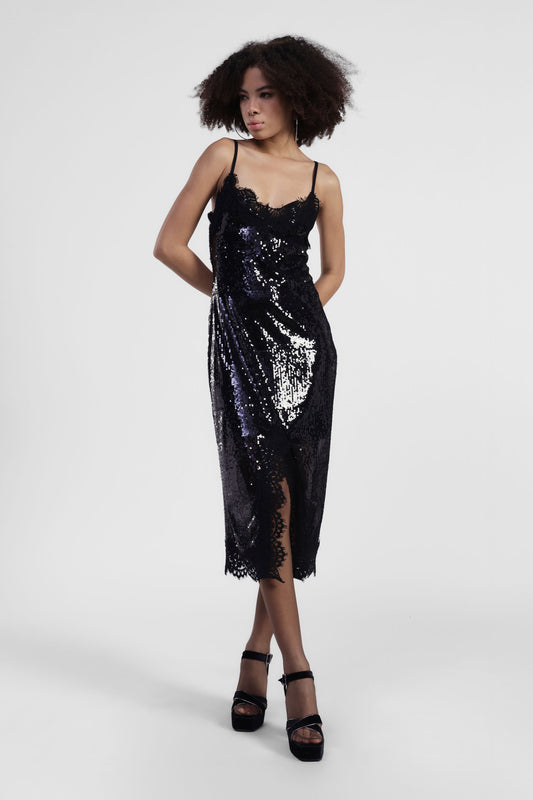 Vestito midi con paillettes e spalline sottili