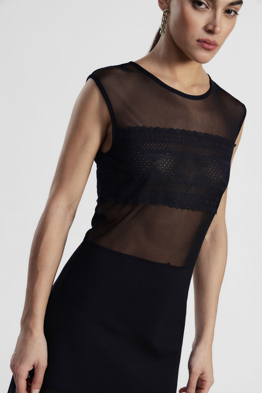 Abito midi smanicato con inserti trasparenti