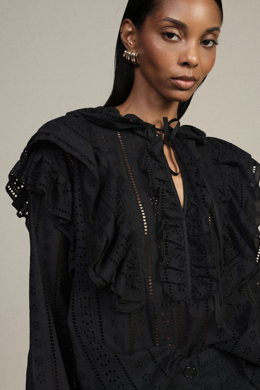 Blusa sangallo con volant e maniche lunghe
