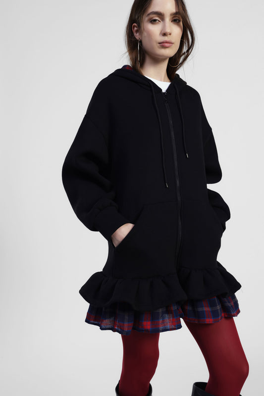 Felpa con cappuccio zip e volant fondo