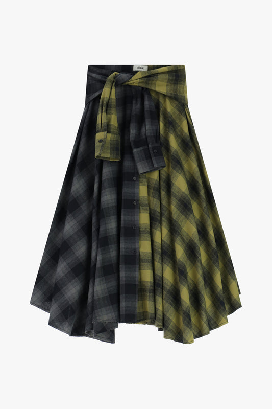 Gonna midi a quadri con fusciacca e bottoni frontali