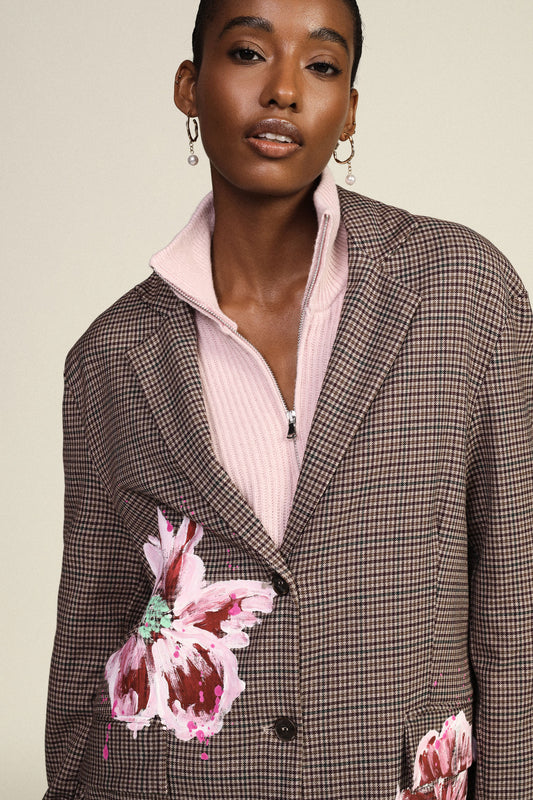 Blazer fantasia check con fiori dipinti