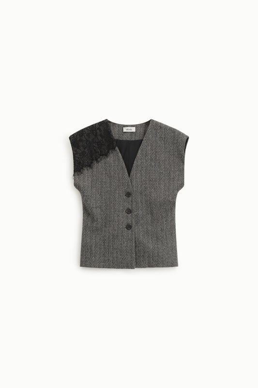 Gilet fantasia spigata con inserto pizzo