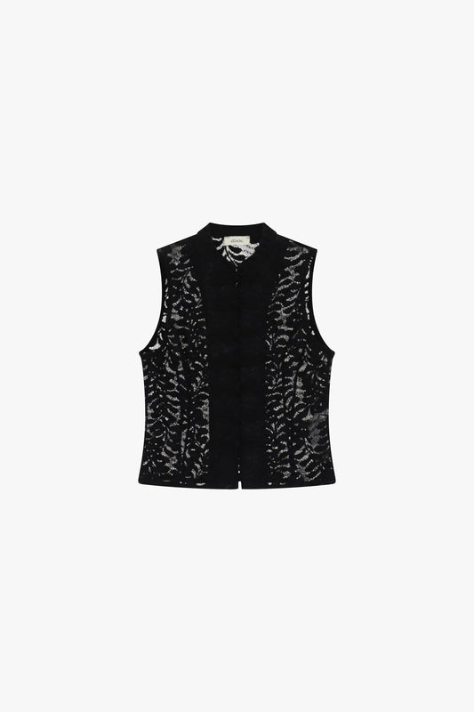 Top smanicato con ricamo floreale e bottoni decorativi