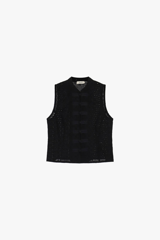 Top smanicato con ricamo e bottoni decorativi