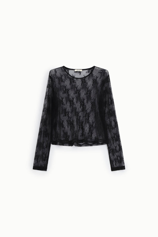 Top trasparente a maniche lunghe con ricamo floreale