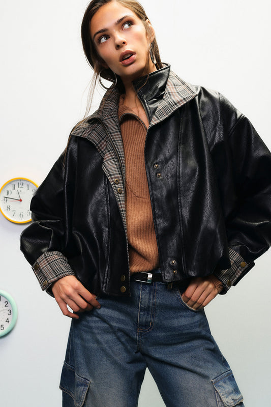 Giacca in similpelle collo check e zip