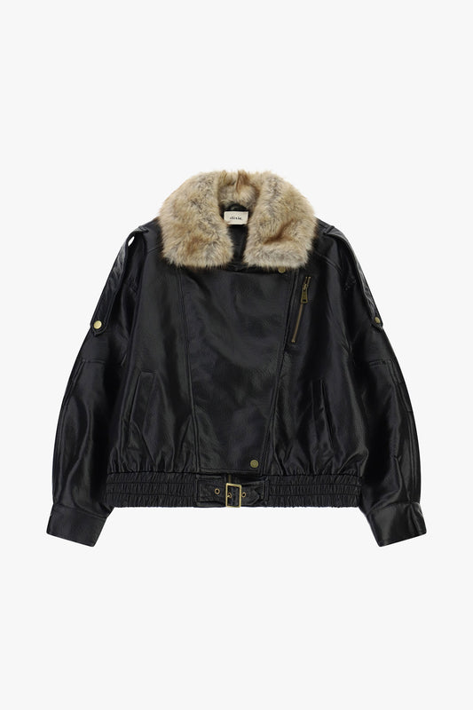 Giacca in pelle con colletto in pelliccia sintetica e zip