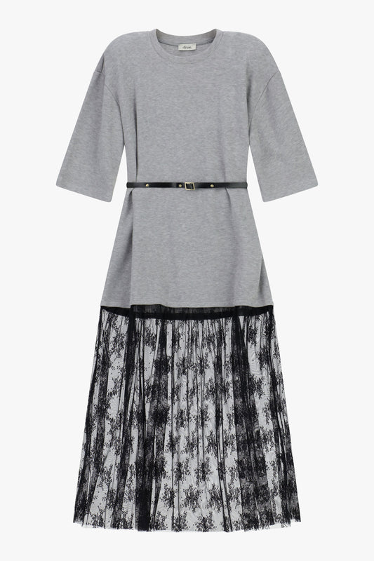 Abito midi con cintura e gonna in tulle ricamato