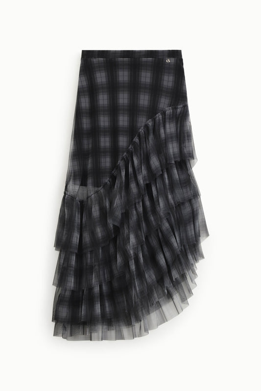 Gonna midi a quadri con balze in tulle