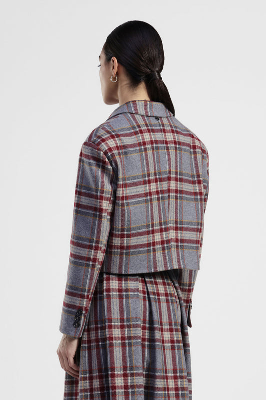 Blazer corto a quadri con bottoni e spille