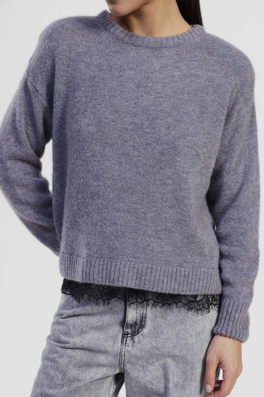 Maglione girocollo con orlo in pizzo a vista