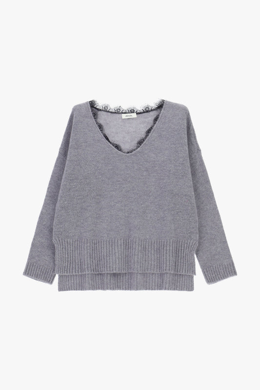 Maglione girocollo con scollo a v e bordo pizzo