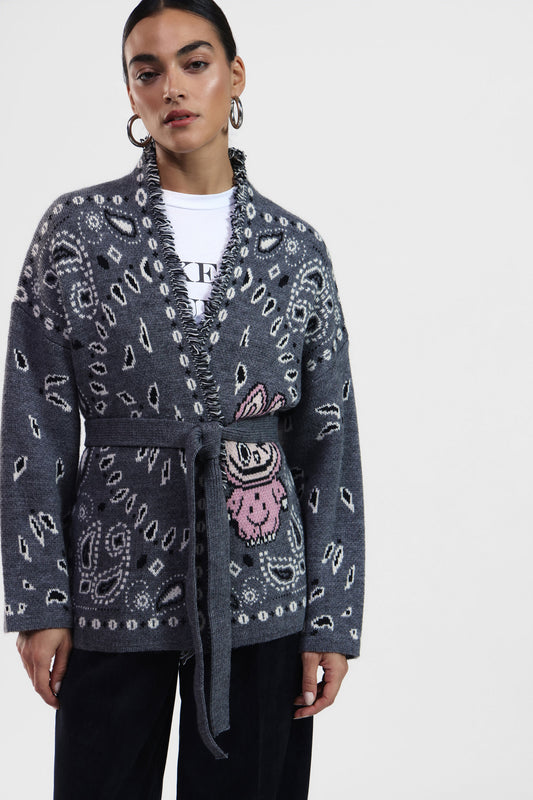 Cardigan con stampa vivace e cintura