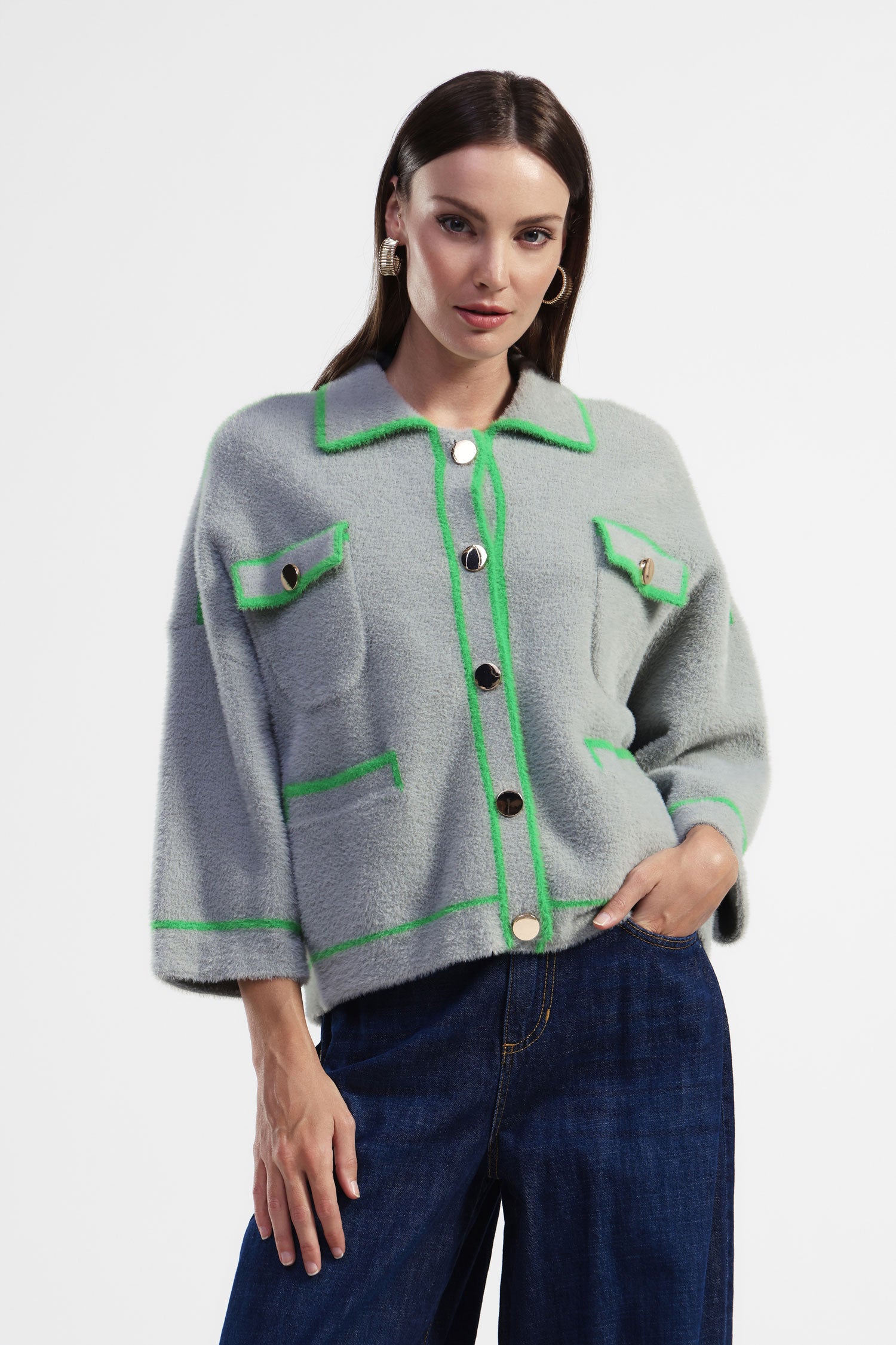 Cardigan con collo polo e tasche