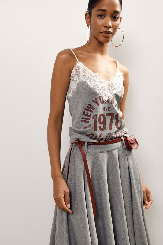 Top spalline sottili stampa frontale e pizzo