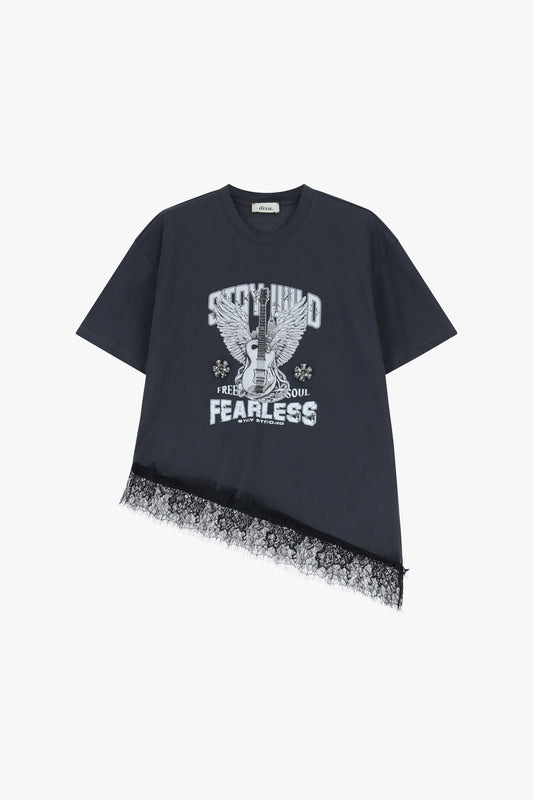 T-shirt maniche corte stampa chitarra e pizzo