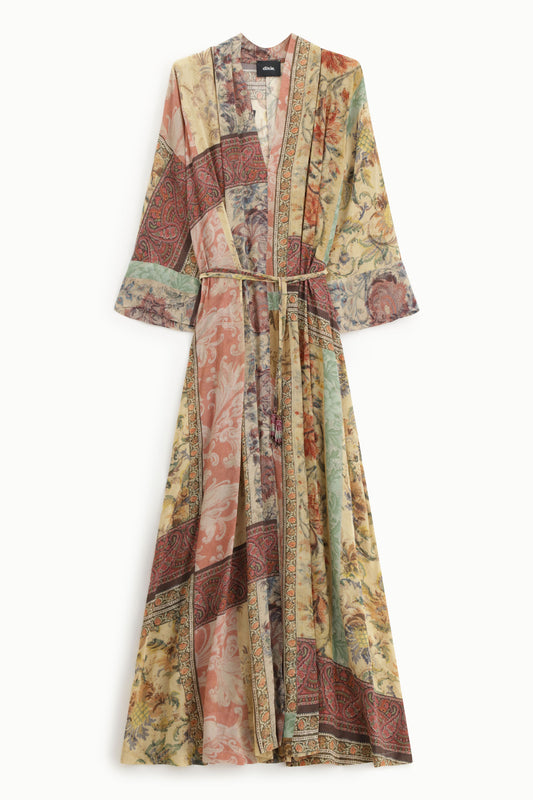 Abito lungo stampa patchwork con cintura annodata