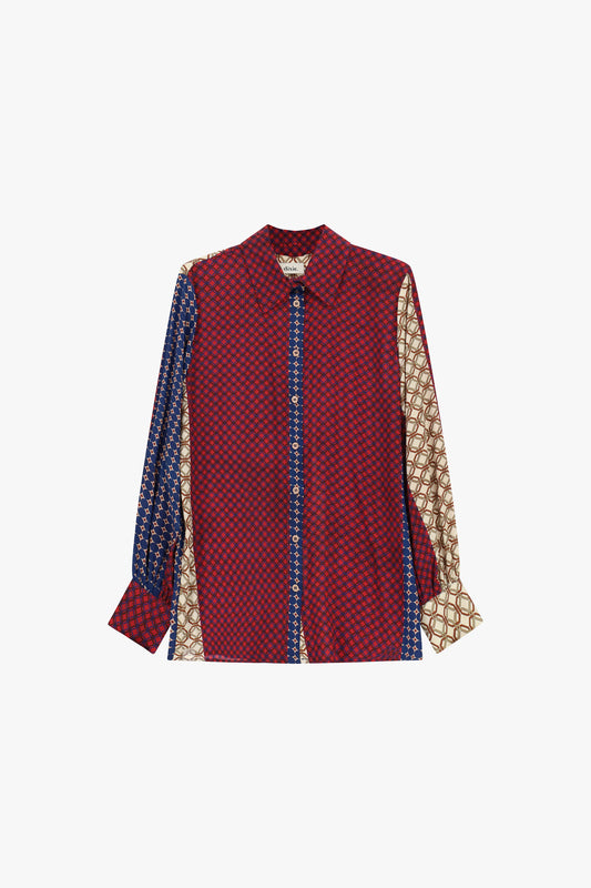 Camicia patchwork con motivi geometrici a manica lunga