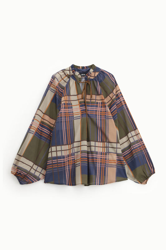 Blusa ampia stampa a quadri con maniche lunghe