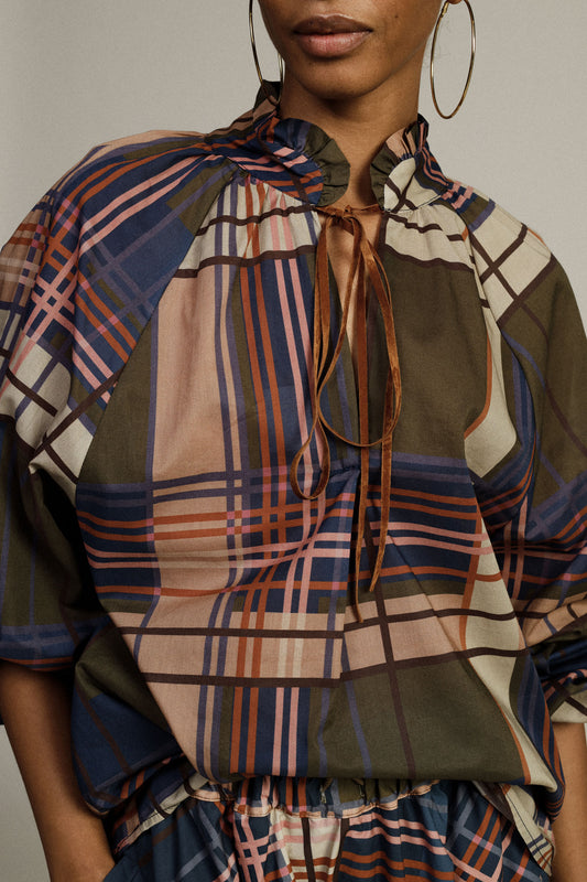 Blusa ampia stampa a quadri con maniche lunghe