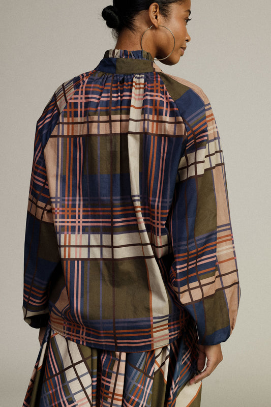 Blusa ampia stampa a quadri con maniche lunghe
