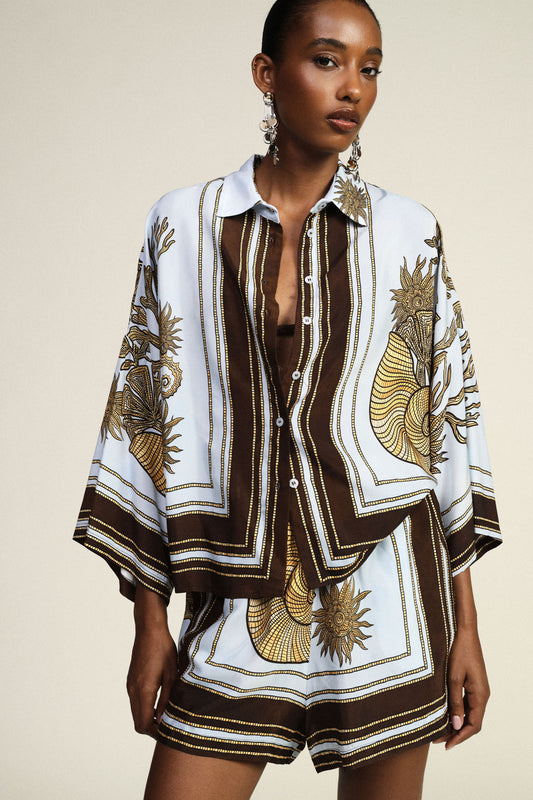 Camicia oversize con stampa motivo marino e manica ampia