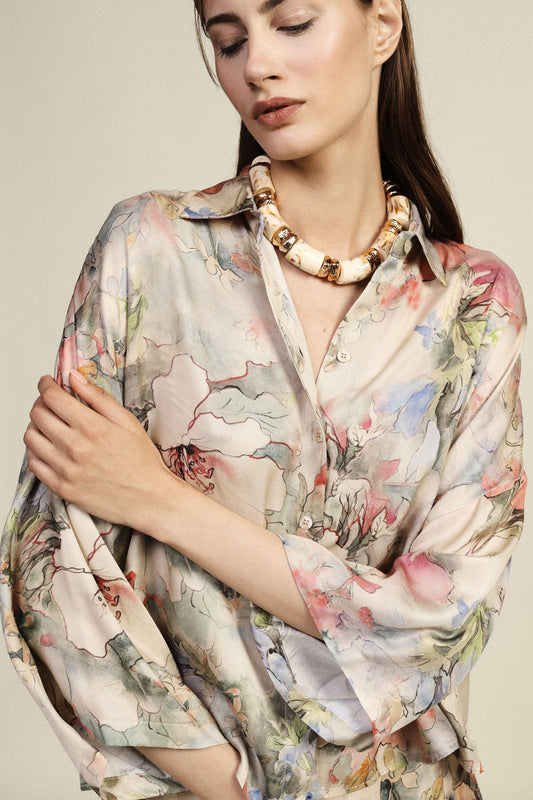 Camicia ampia con stampa floreale e maniche 3/4