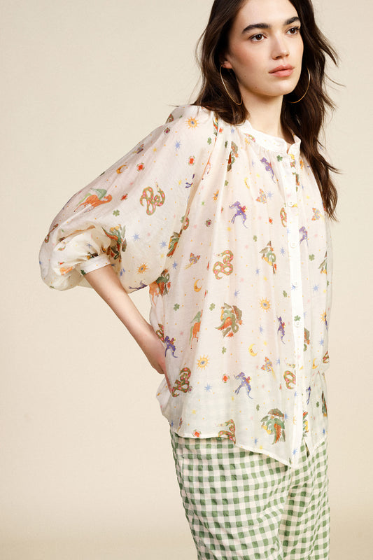 Camicia ampia fantasia stampa con maniche lunghe