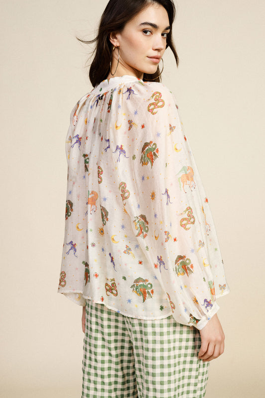 Camicia ampia fantasia stampa con maniche lunghe
