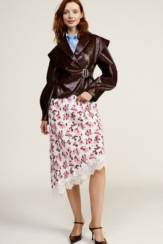 Gonna midi asimmetrica con stampa floreale e bordo in pizzo