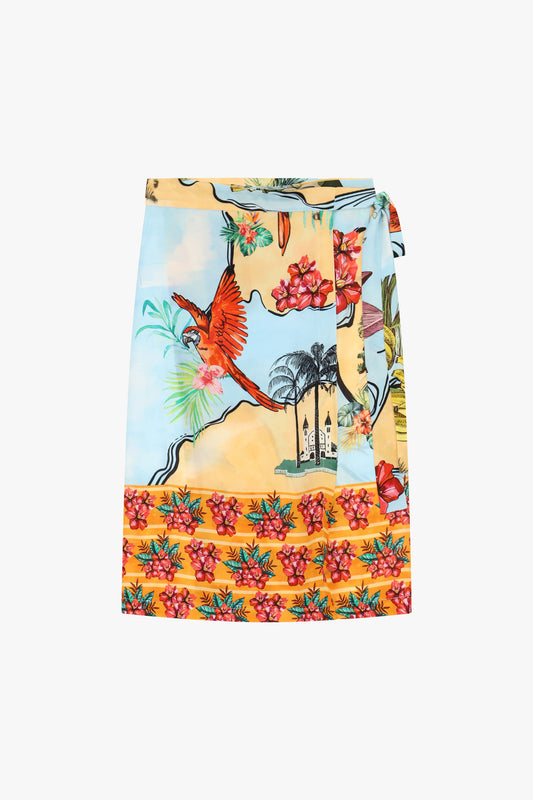 Gonna midi stampa tropicale con nodo laterale
