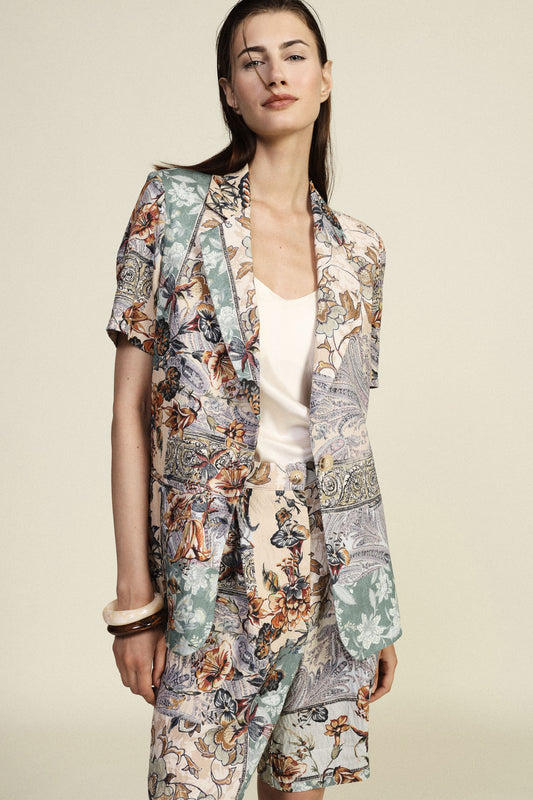 Giacca-camicia fantasia patchwork con maniche corte