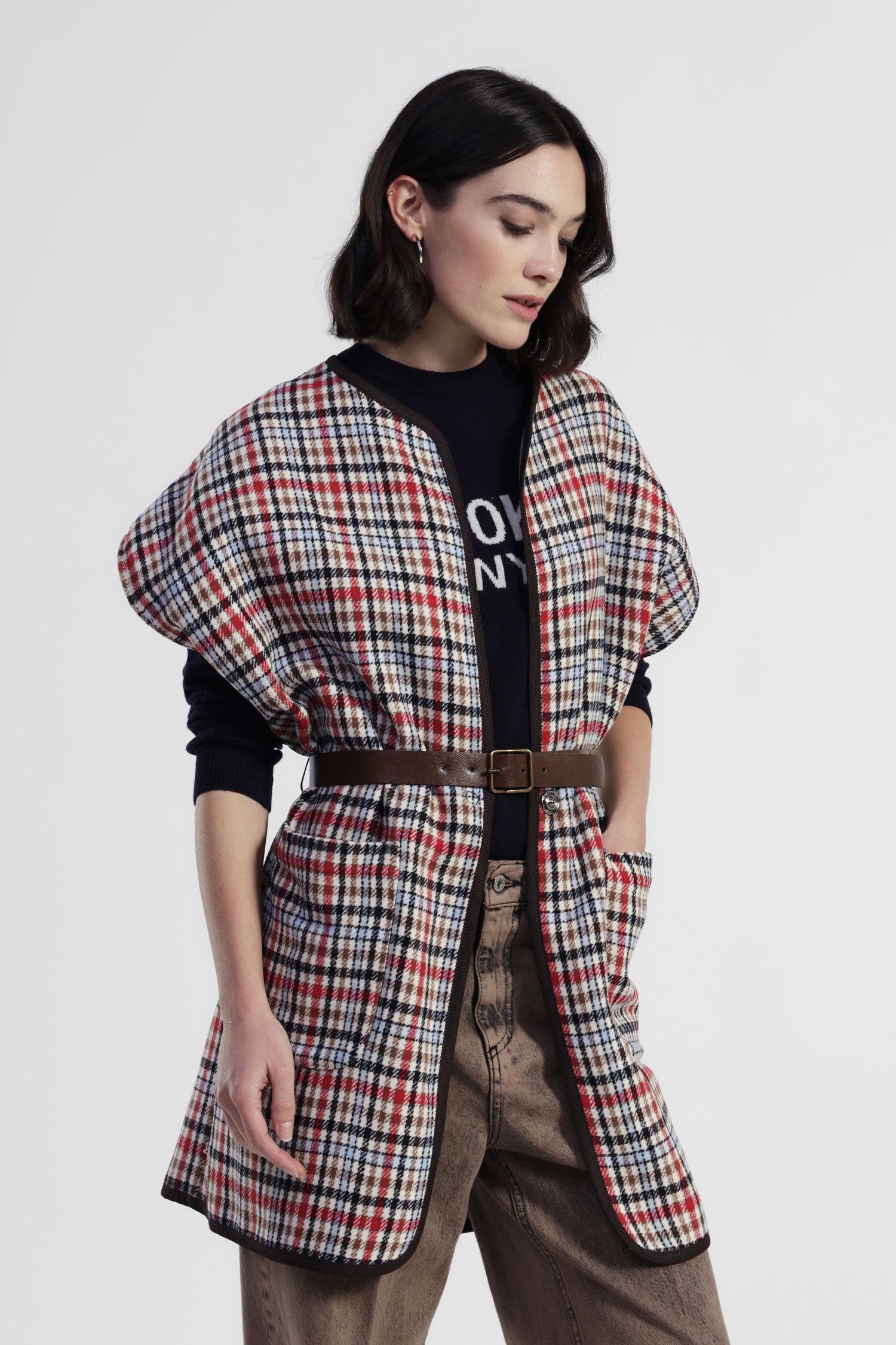Gilet smanicato con cintura e motivo a quadri