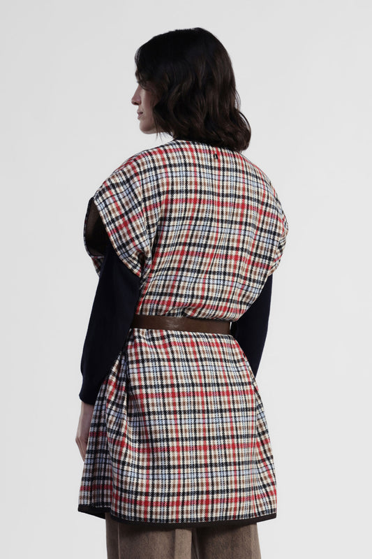 Gilet smanicato con cintura e motivo a quadri