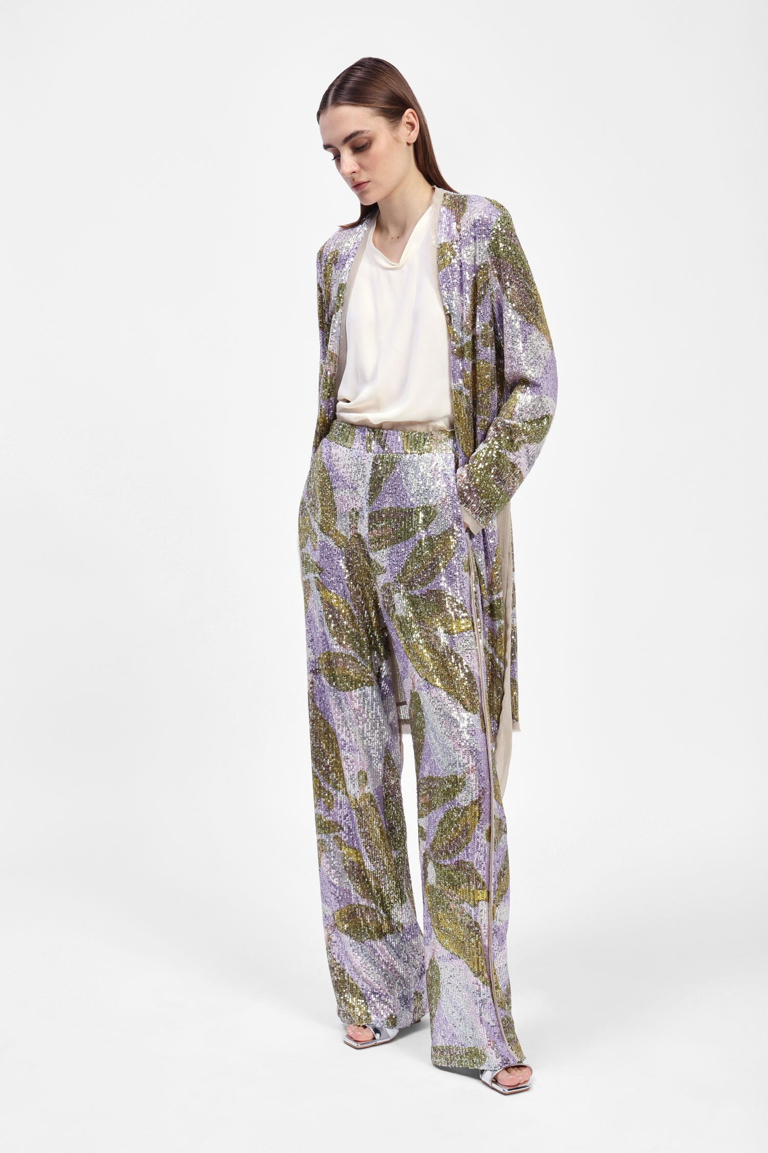 Pantaloni palazzo in paillettes stampate