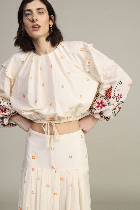 Blusa ampia stampa floreale maniche ricamo