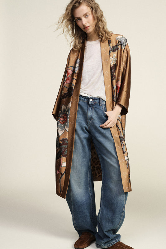 Cappotto duster a fiori con interno animalier