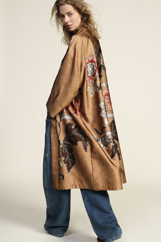 Cappotto duster fantasia floreale e interno animalier