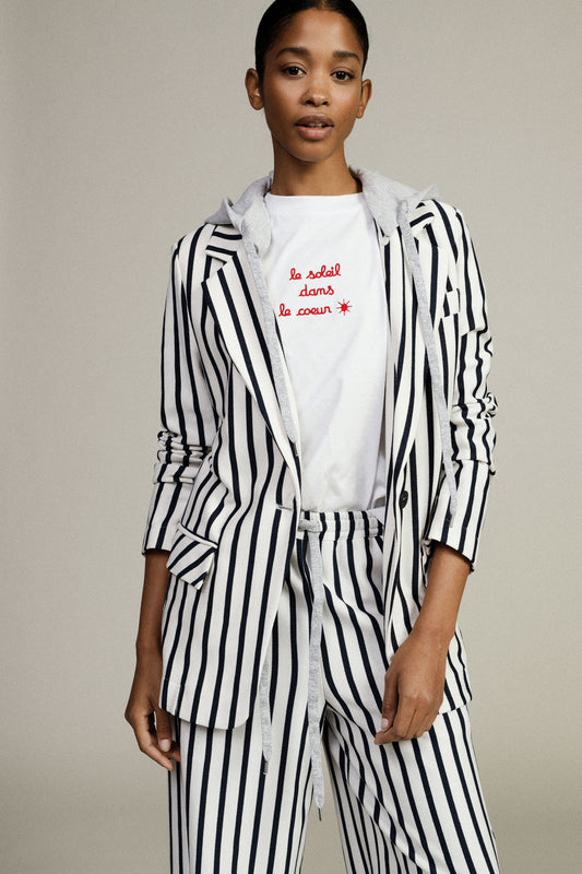 Blazer a righe con cappuccio e chiusura a bottone