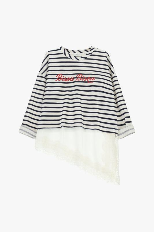 Felpa a righe con scritta e bordo asimmetrico